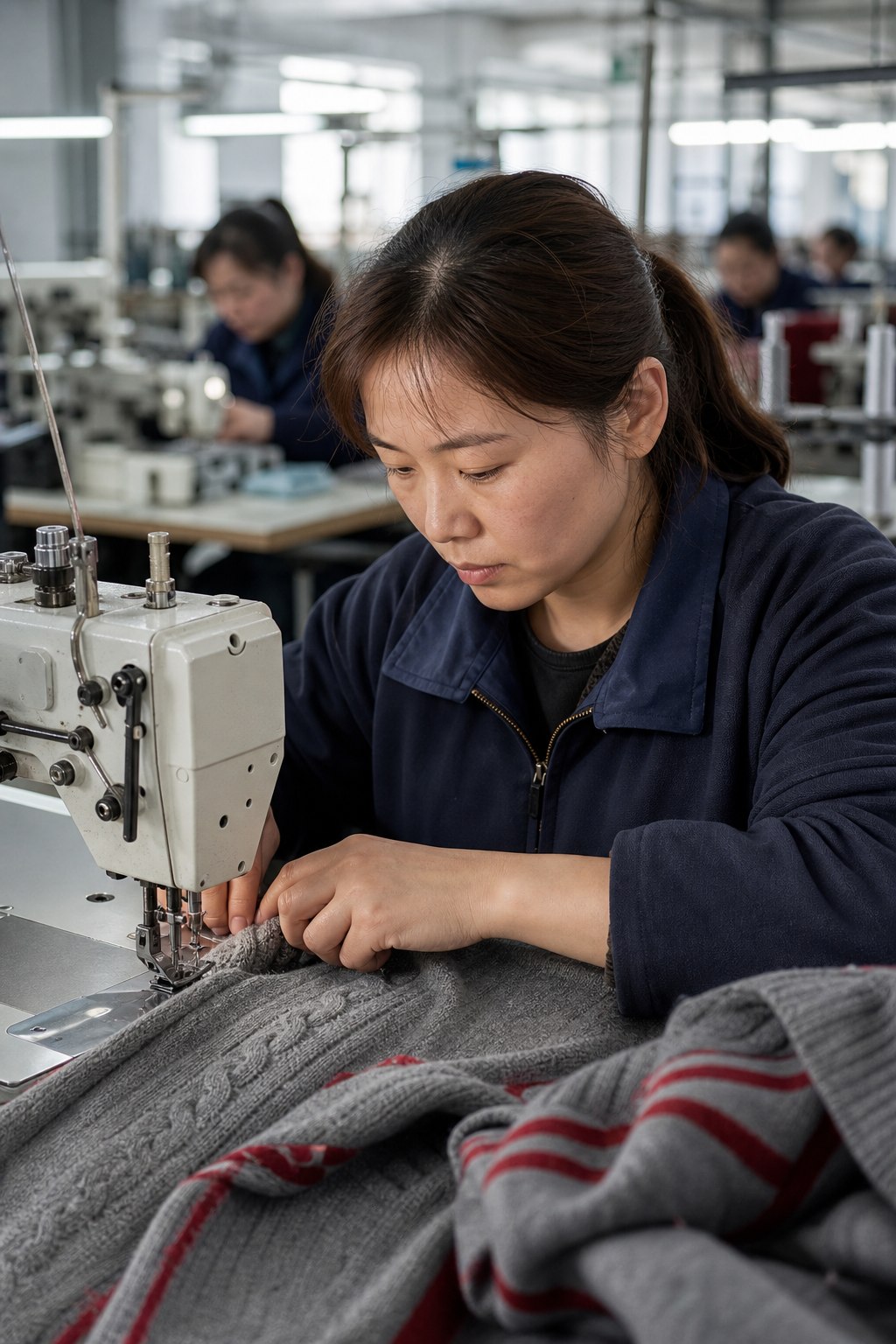 Chinese garment worker sewing knitted fabric at an industrial machine