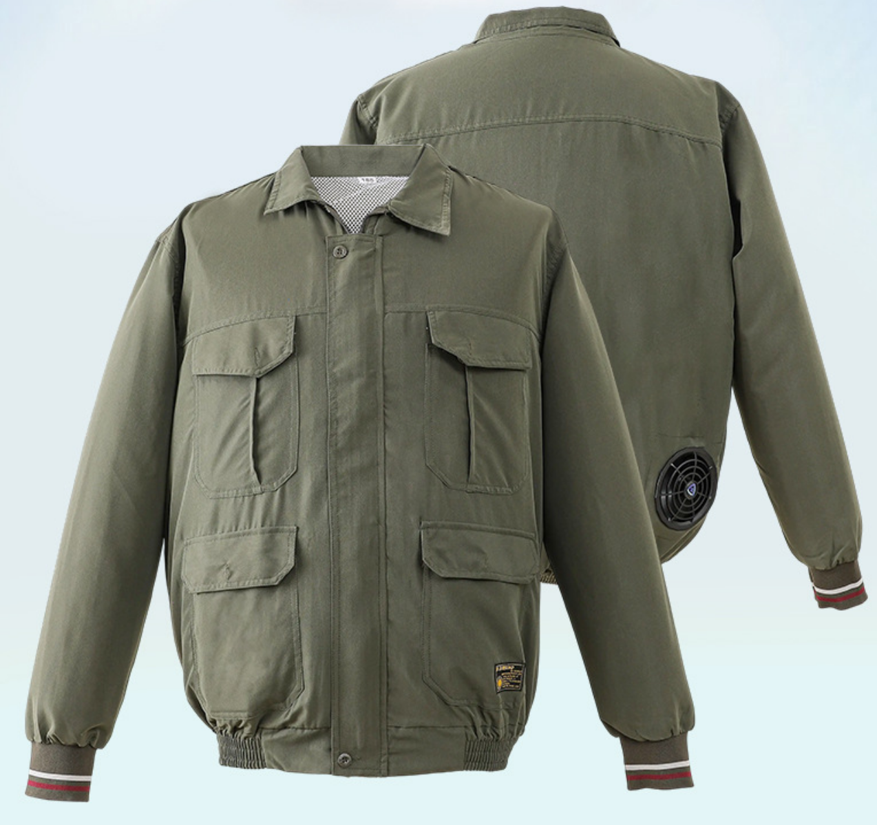 Green fan-cooled jacket shown from front and back with rear fan placement