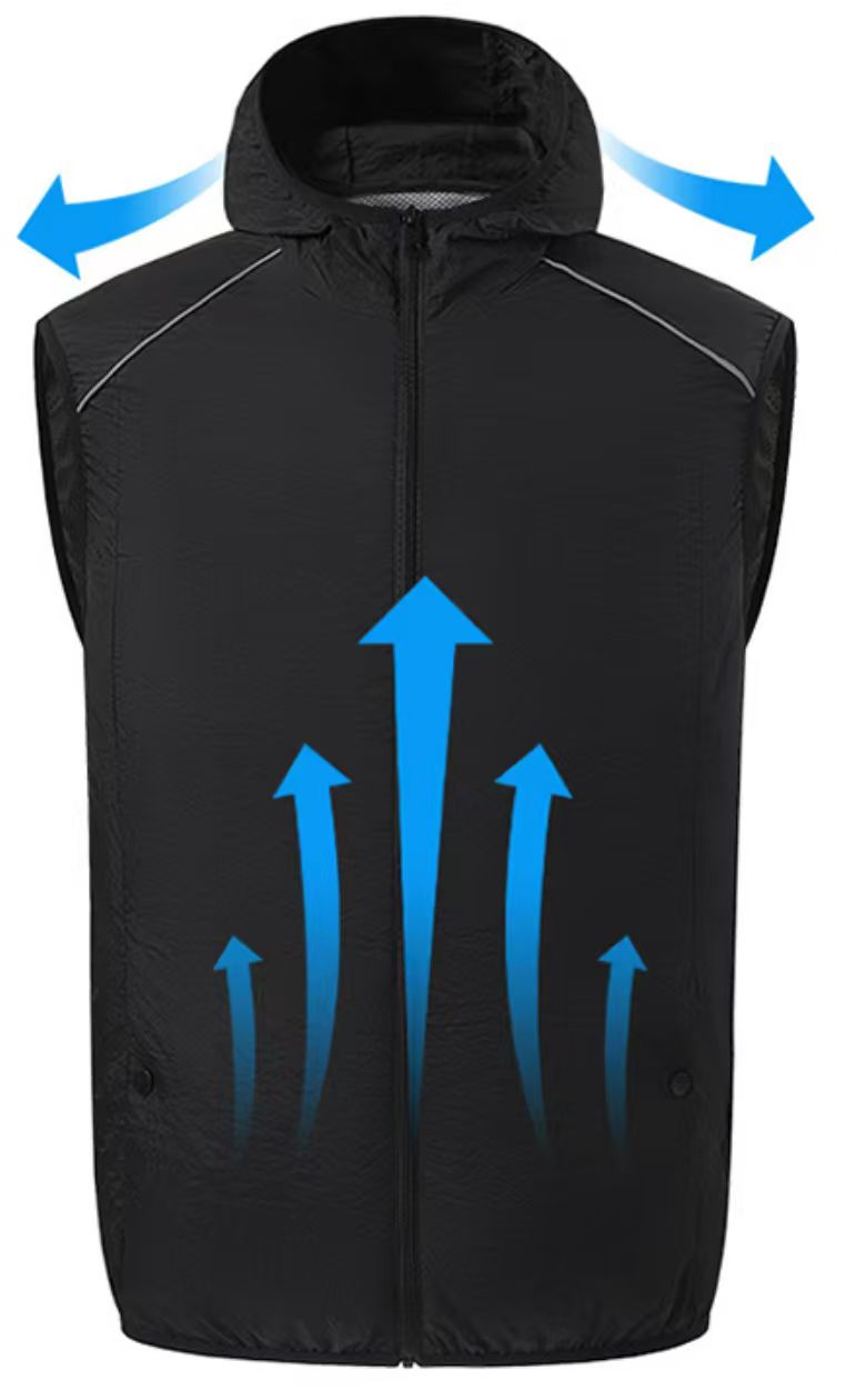 Black fan-cooled vest with airflow direction graphic