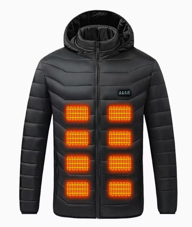 Black heated jacket illustrating multiple front heating zones