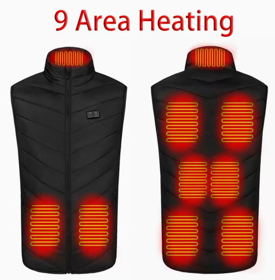 Black heated vest illustrating front and back heating-zone placement
