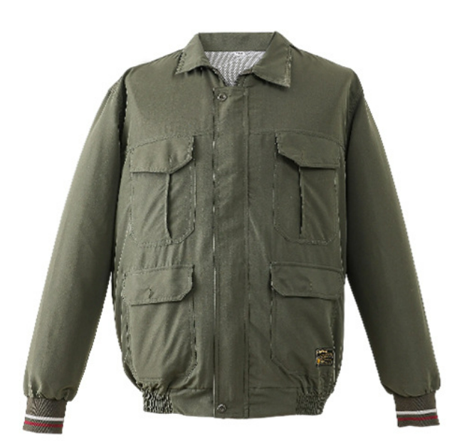 Green functional jacket shell shown as an apparel construction reference