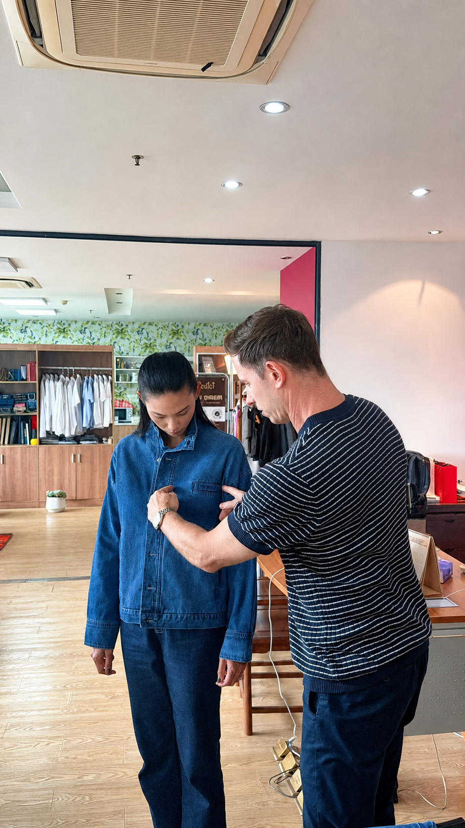 Team conducting an on-body fitting of a denim jacket sample