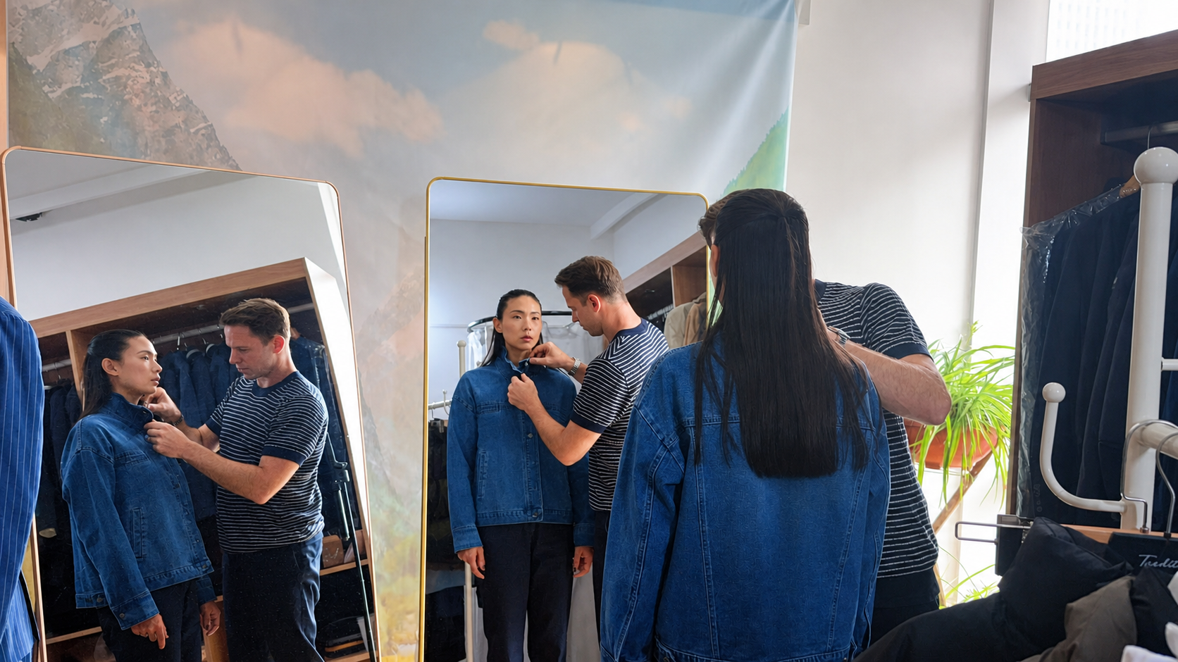 Partner and sample team reviewing a revised denim jacket in mirrors